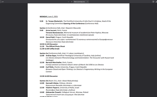 Program konferencji "LEV SHESTOV: RELIGIOUS EXISTENTIALISM IN RUSSIAN AND EUROPEAN THOUGHT"